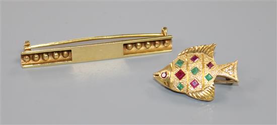A multi-gem set 18ct gold fish brooch and an 18ct gold bead-set bar brooch, 13.8 grams total.